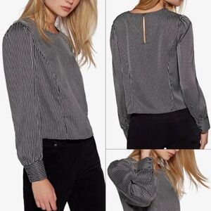 Anthropologie Avec Les Filles Black White Stripe Puff Sleeve Silky Crop Blouse S